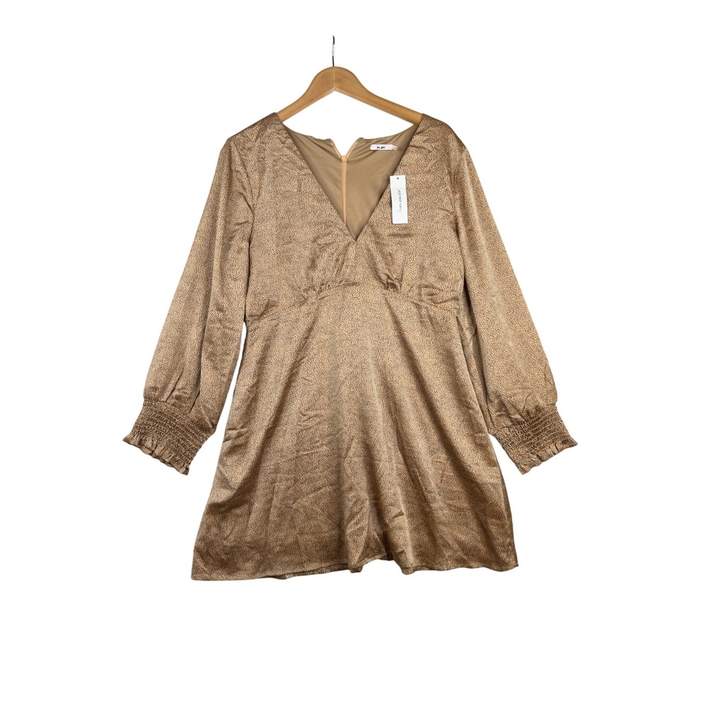 New Mi Ami Satin V-neck Animal Print Long Sleeve Dress size XL Tan/Black